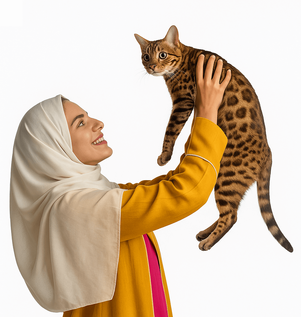 Woman holding a Bengal cat