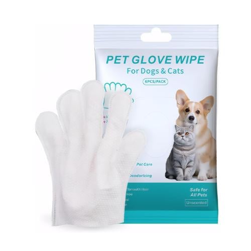 قفازات شامبو مبللة للقطط والكلاب بدون ماء (غير معطرة) – 6 قطع | Pet Glove Wipe
